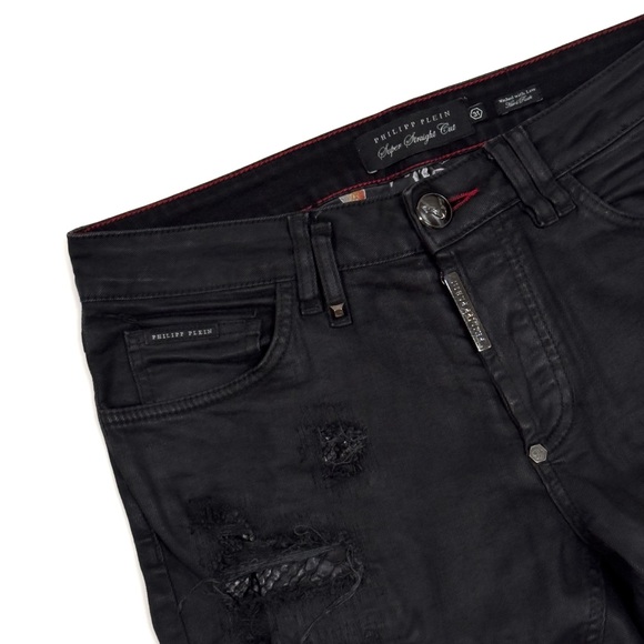 Philipp Plein Jean Super Straight Cut 31/32 (tag 31) Designer Distress- Black - Picture 5 of 12